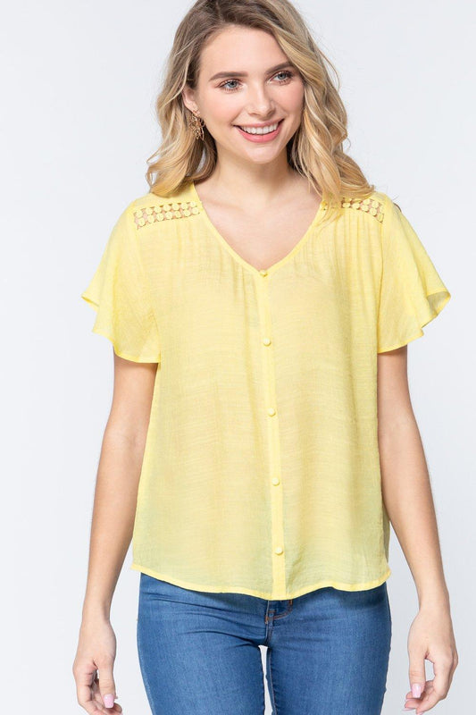 Short Ruffle Slv V-neck Woven Top | Mixtshop LLC