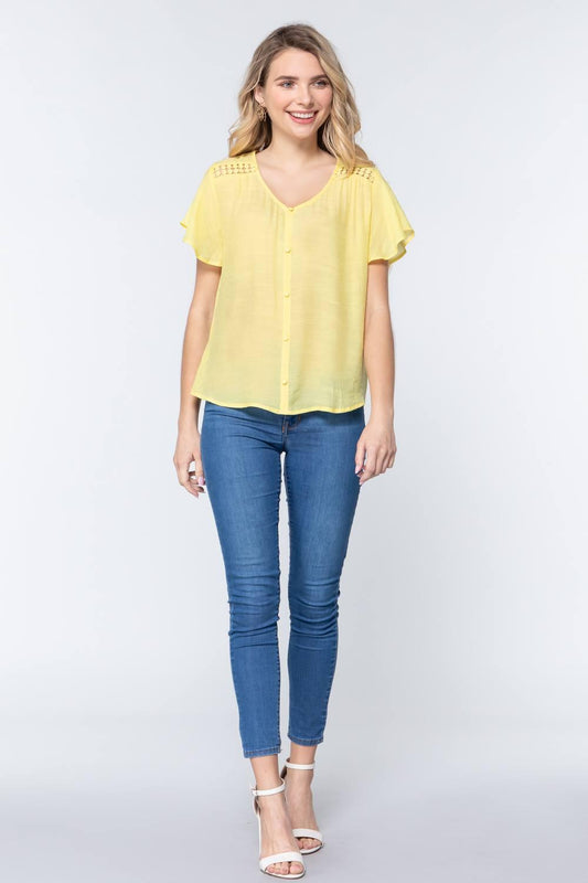 Short Ruffle Slv V-neck Woven Top | Mixtshop LLC