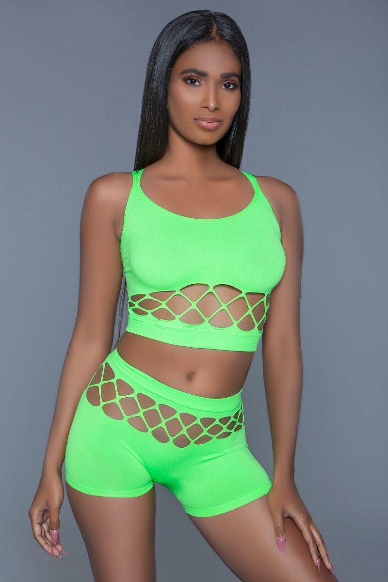 2 pc silk fishnet set that includes a tank crop top with criss-cross cami straps and a pair of high waisted booty shorts. | Mixtshop LLC Main image