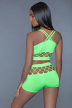 2 pc silk fishnet set that includes a tank crop top with criss-cross cami straps and a pair of high waisted booty shorts. | Mixtshop LLC