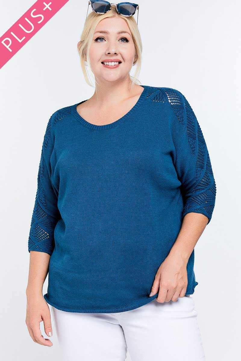 Solid Round Neck 3/4 Sleeve Sweater Top | Mixtshop LLC Main image