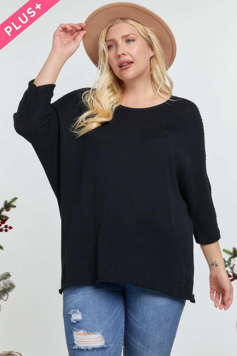 Solid Round Neck 3/4 Sleeve Sweater Top | Mixtshop LLC Main image