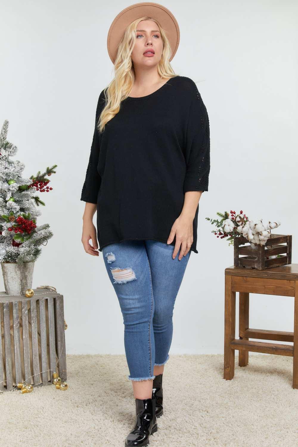 Solid Round Neck 3/4 Sleeve Sweater Top Secondary image
