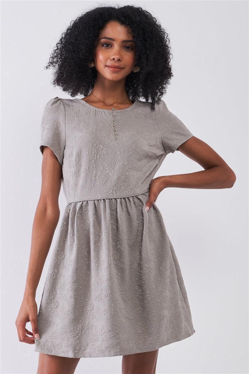 Silver Grey Floral Embroidery Round Neck Short Sleeve Mini Dress | Mixtshop LLC Main image