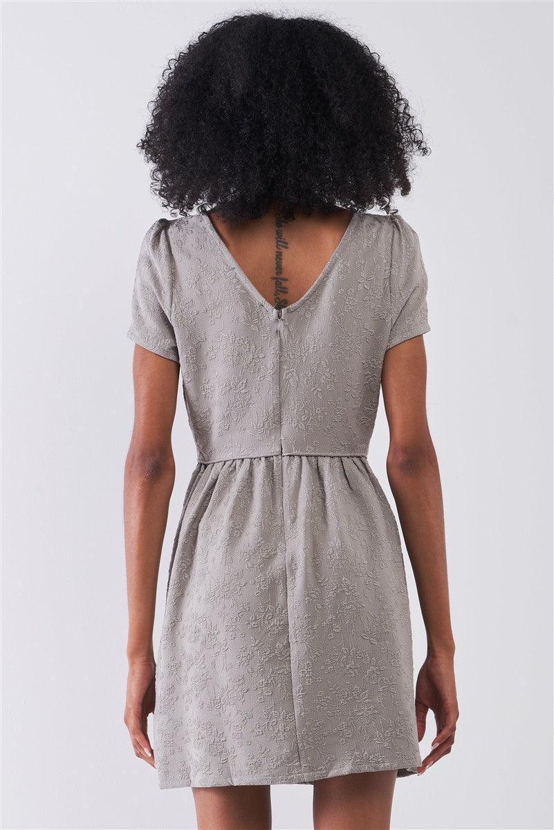 Silver Grey Floral Embroidery Round Neck Short Sleeve Mini Dress | Mixtshop LLC