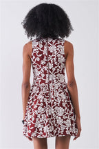 Burgundy & White Floral Crew Neck Sleeveless Fitted Mini Dress | Mixtshop LLC