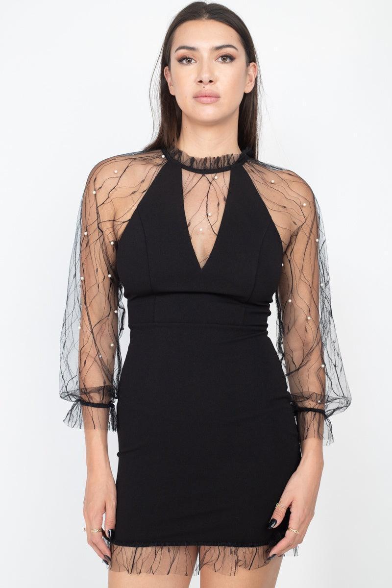 Pearl Trim Mesh Bodycon Dress | Mixtshop LLC Main image