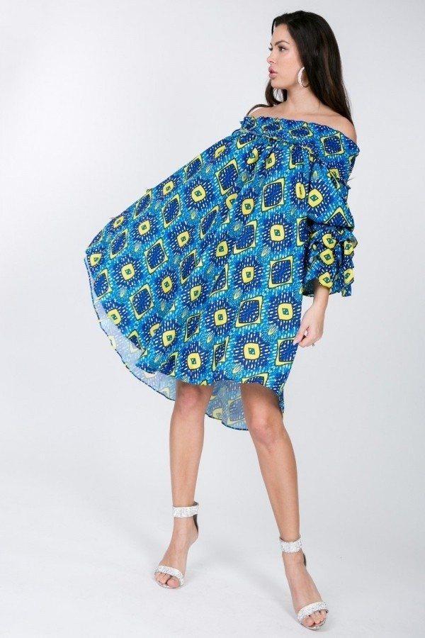 Puffy Ruffle Sleeve Smocking Off Shoulder Print Midi Dress | Mixtshop LLC Main image