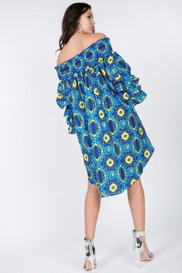 Puffy Ruffle Sleeve Smocking Off Shoulder Print Midi Dress | Mixtshop LLC