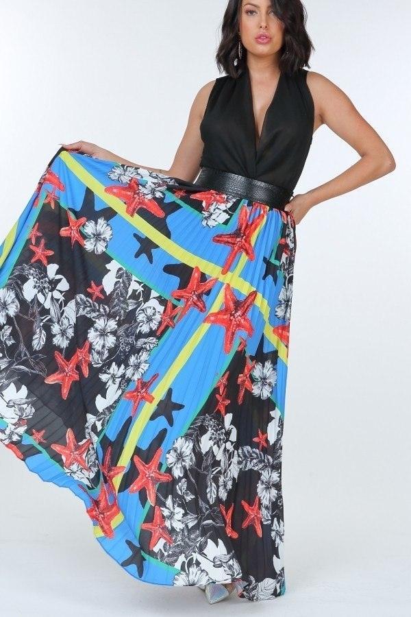 Pleated Print Maxi Skirt With Leather Waist Band | Mixtshop LLC Main image