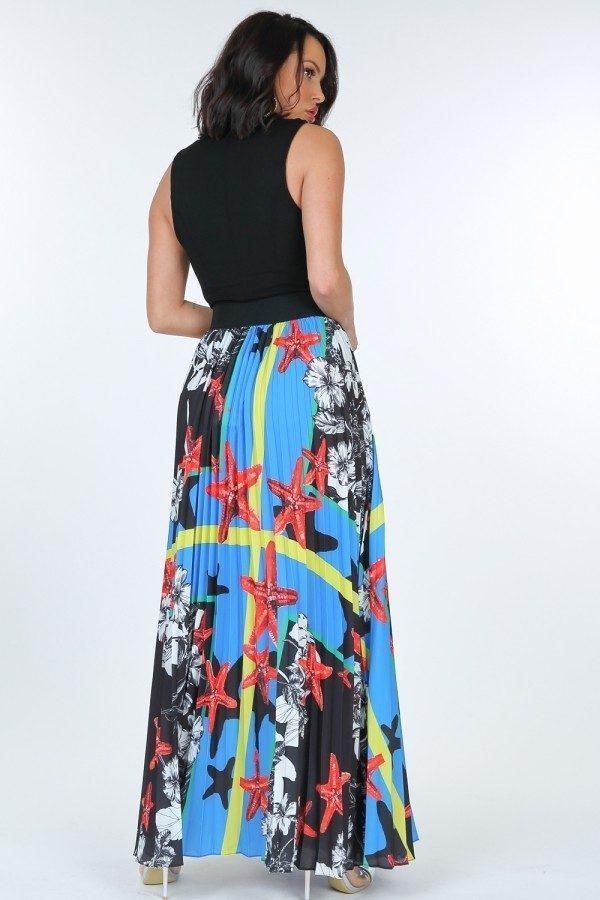Pleated Print Maxi Skirt With Leather Waist Band | Mixtshop LLC