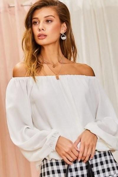 Off Shoulder Long Bubble Sleeve Solid Top | Mixtshop LLC Main image