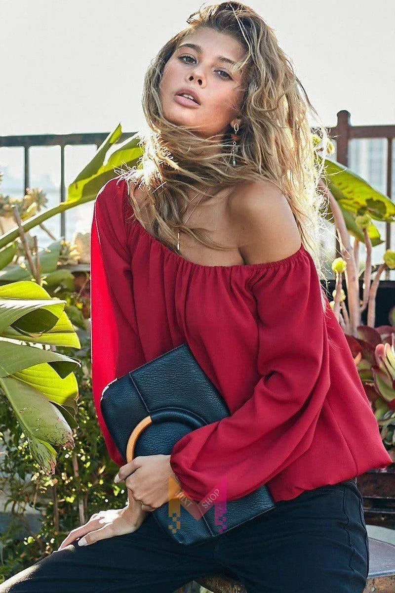 Off Shoulder Long Bubble Sleeve Solid Top | Mixtshop LLC Main image