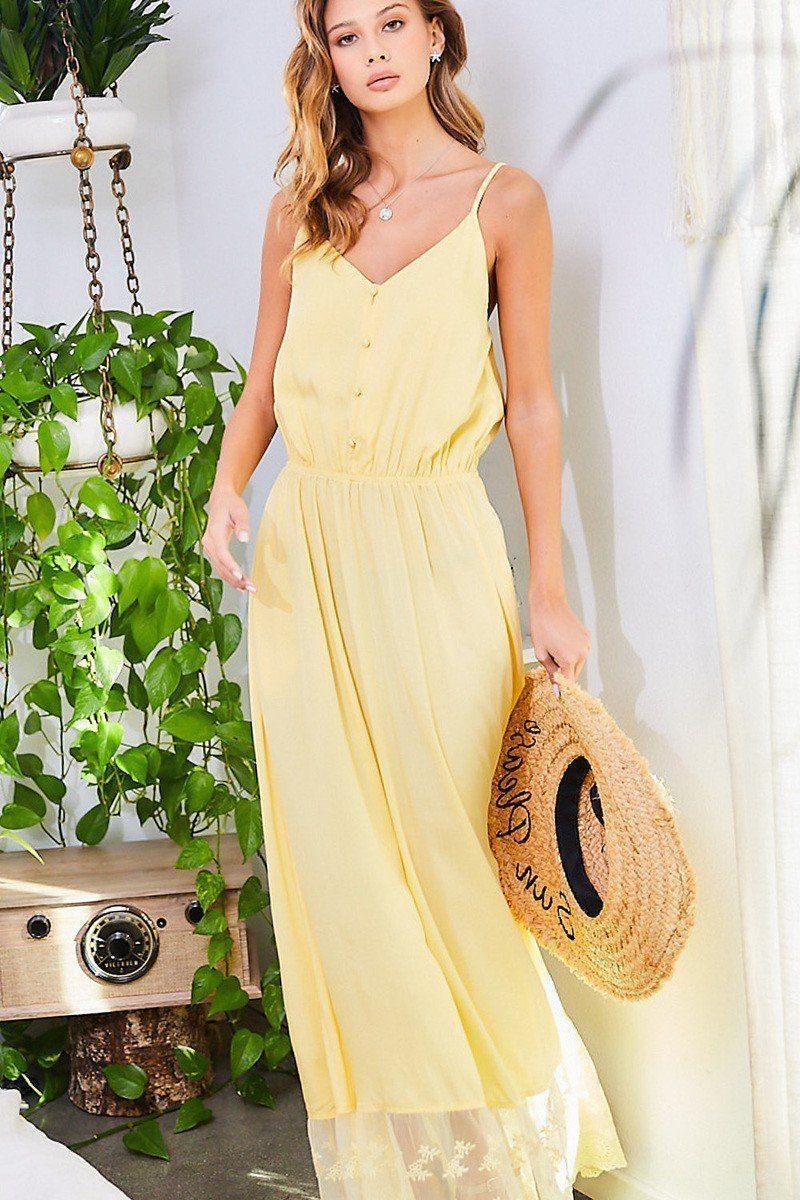 Adjustable Shoulder Strap Button Down Waist Elastic Bottom Contrast Lace Maxi Dress | Mixtshop LLC