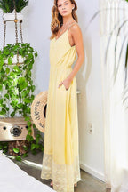 Adjustable Shoulder Strap Button Down Waist Elastic Bottom Contrast Lace Maxi Dress | Mixtshop LLC