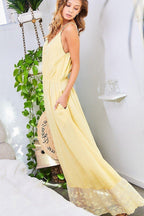 Adjustable Shoulder Strap Button Down Waist Elastic Bottom Contrast Lace Maxi Dress | Mixtshop LLC