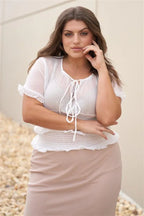 Plus Short Sleeve U-neck With Self-tie Detail Frill Smocked Sheer Top | Mixtshop LLC