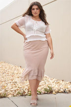 Plus Short Sleeve U-neck With Self-tie Detail Frill Smocked Sheer Top | Mixtshop LLC