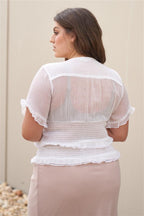 Plus Short Sleeve U-neck With Self-tie Detail Frill Smocked Sheer Top | Mixtshop LLC