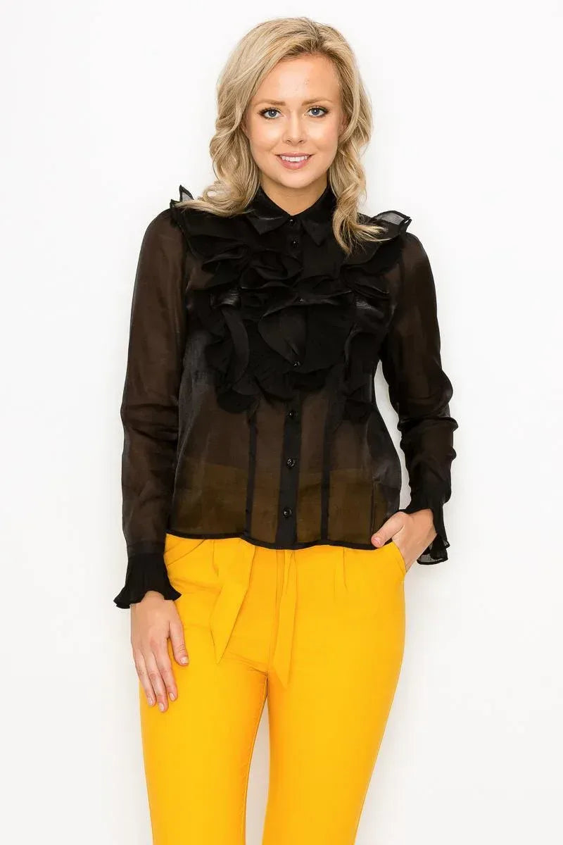 Ruffle Trim Long Sleeve Blouse | Mixtshop LLC