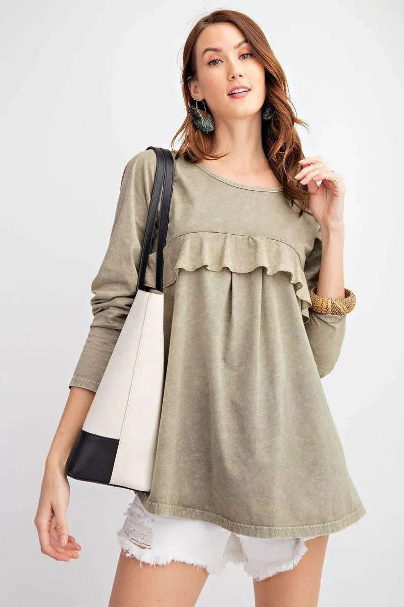 Long Sleeve Ruffled Detailing Oil Washed Knit Tunic | Mixtshop LLC Main image