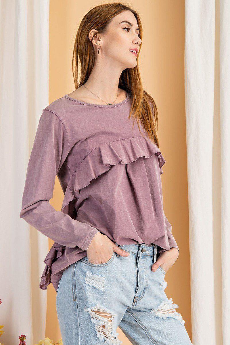 Long Sleeve Ruffled Detailing Oil Washed Knit Tunic | Mixtshop LLC