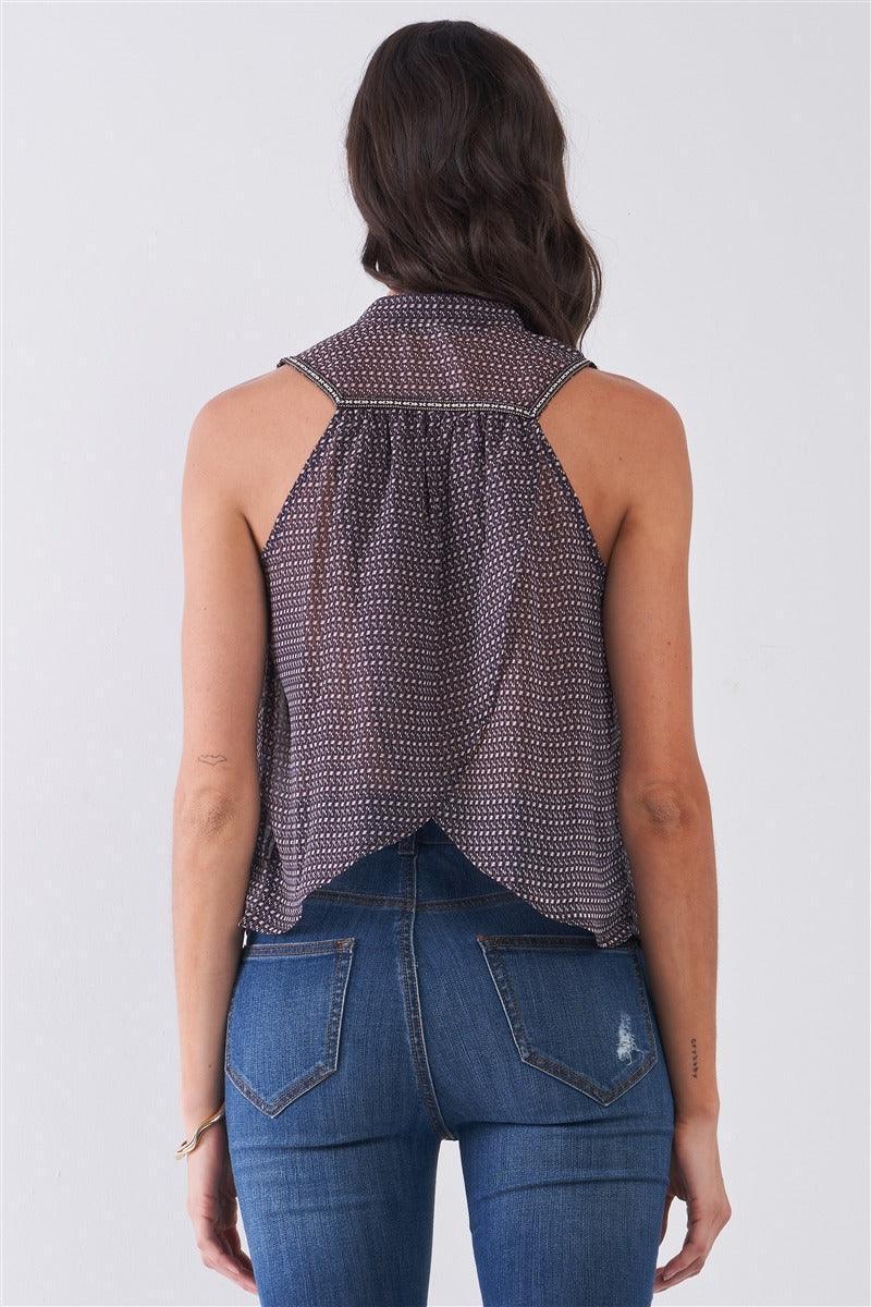 Purple & Multi Sleeveless Mock Neck Front Button Down Sheer Blouse Top | Mixtshop LLC