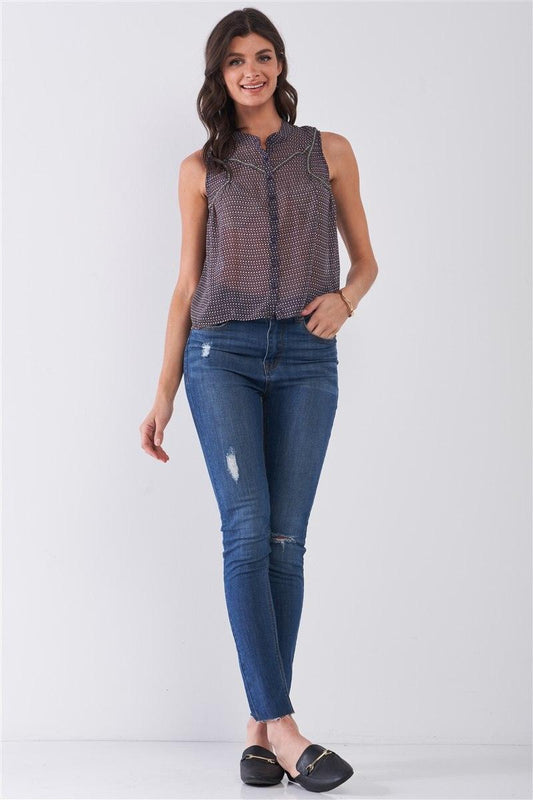 Purple & Multi Sleeveless Mock Neck Front Button Down Sheer Blouse Top | Mixtshop LLC