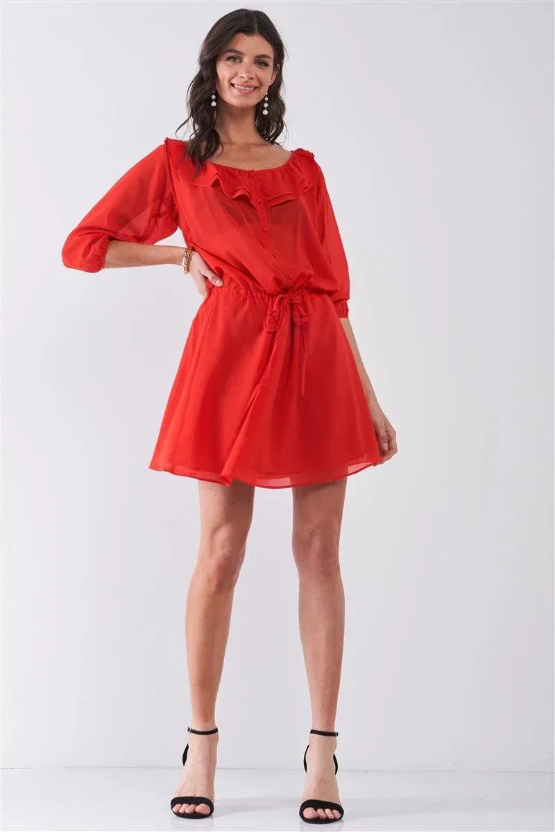Flame Red Boat Neck Ruffle Collar Midi Sleeve Self-tie Waist Front Button Down Mini Dress Secondary image