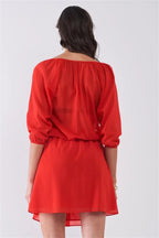 Flame Red Boat Neck Ruffle Collar Midi Sleeve Self-tie Waist Front Button Down Mini Dress | Mixtshop LLC