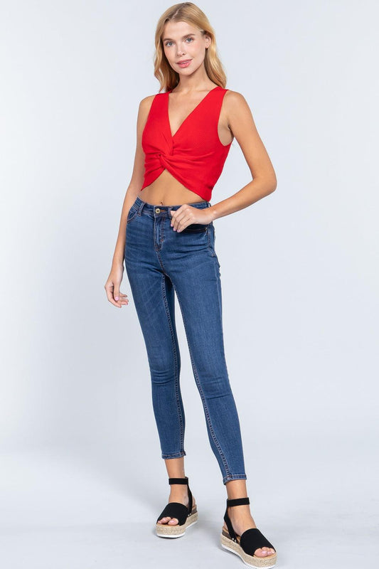 Sleeveless V-neck Twist Knot Knit Top | Mixtshop LLC
