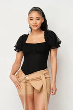 Luxe Polkadot Stretch Mesh Puff Sleeve Bodysuit | Mixtshop LLC