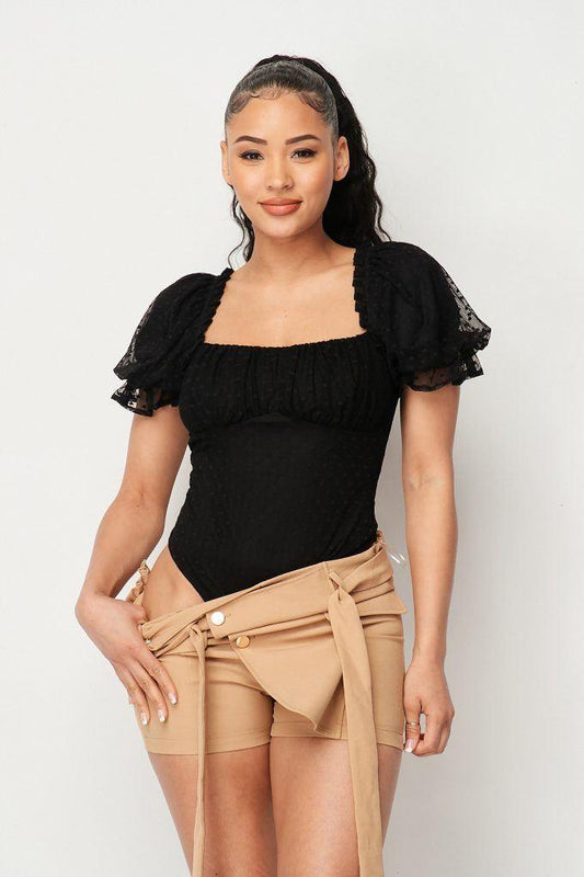 Luxe Polkadot Stretch Mesh Puff Sleeve Bodysuit | Mixtshop LLC