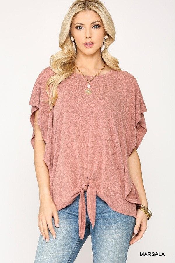 Leopard Jacquard Knit Jersey Top With Front Tie, Ruffled Sleeve | Mixtshop LLC Main image
