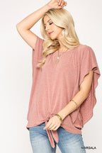 Leopard Jacquard Knit Jersey Top With Front Tie, Ruffled Sleeve | Mixtshop LLC