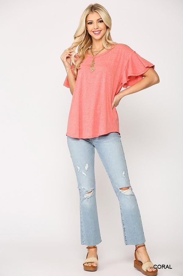 Solid Round Neck Frill Sleeve Top With Scoop Hem | Mixtshop LLC