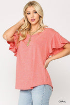 Solid Round Neck Frill Sleeve Top With Scoop Hem | Mixtshop LLC