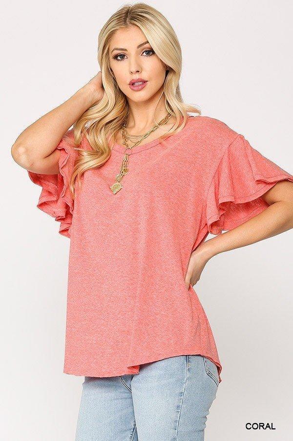 Solid Round Neck Frill Sleeve Top With Scoop Hem | Mixtshop LLC