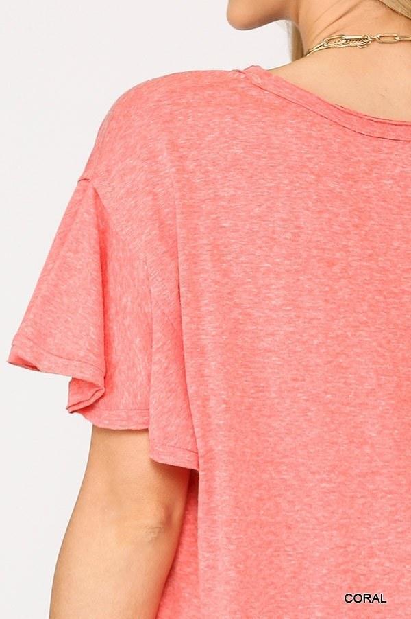 Solid Round Neck Frill Sleeve Top With Scoop Hem | Mixtshop LLC