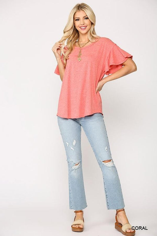 Solid Round Neck Frill Sleeve Top With Scoop Hem | Mixtshop LLC