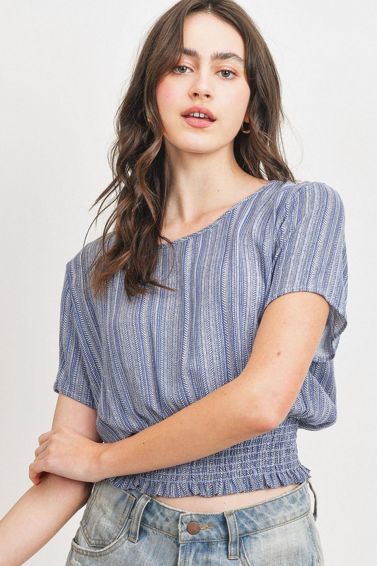 Woven Printed Crinkle Gauze Waist Smocking Short Sleeve Top | Mixtshop LLC