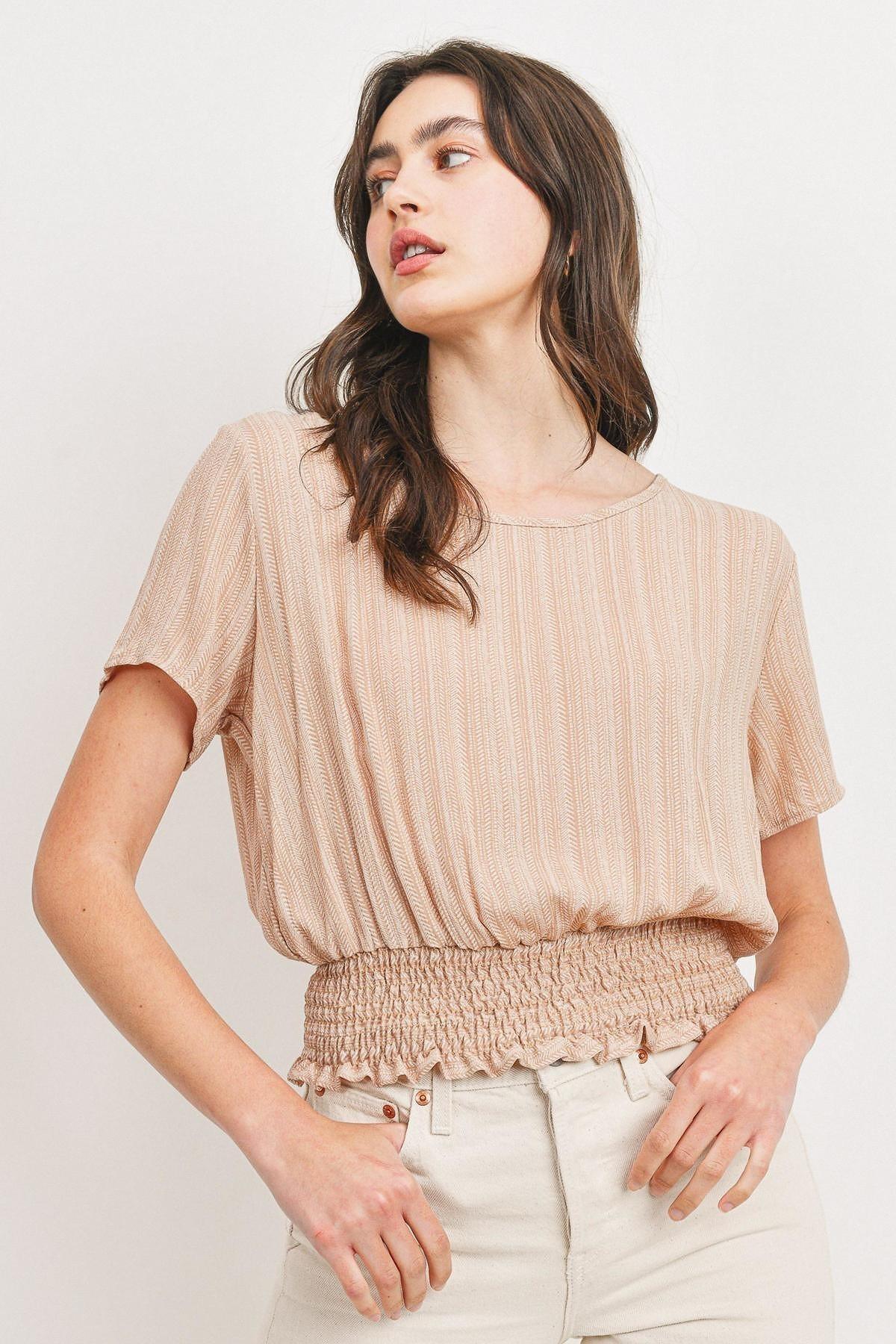 Woven Printed Crinkle Gauze Waist Smocking Short Sleeve Top | Mixtshop LLC Main image