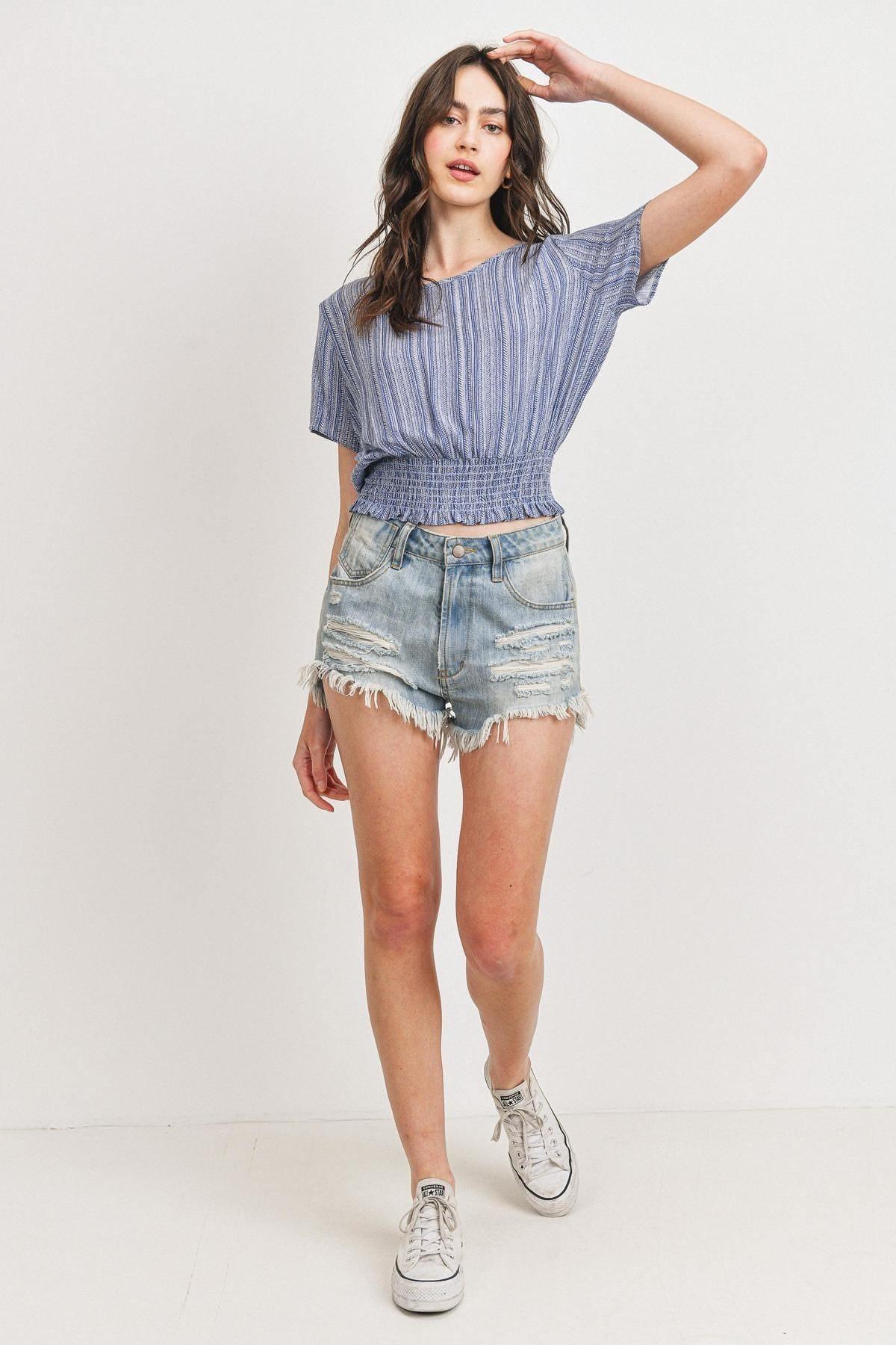 Woven Printed Crinkle Gauze Waist Smocking Short Sleeve Top | Mixtshop LLC