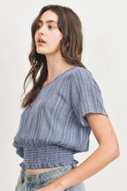 Woven Printed Crinkle Gauze Waist Smocking Short Sleeve Top | Mixtshop LLC