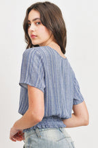Woven Printed Crinkle Gauze Waist Smocking Short Sleeve Top | Mixtshop LLC