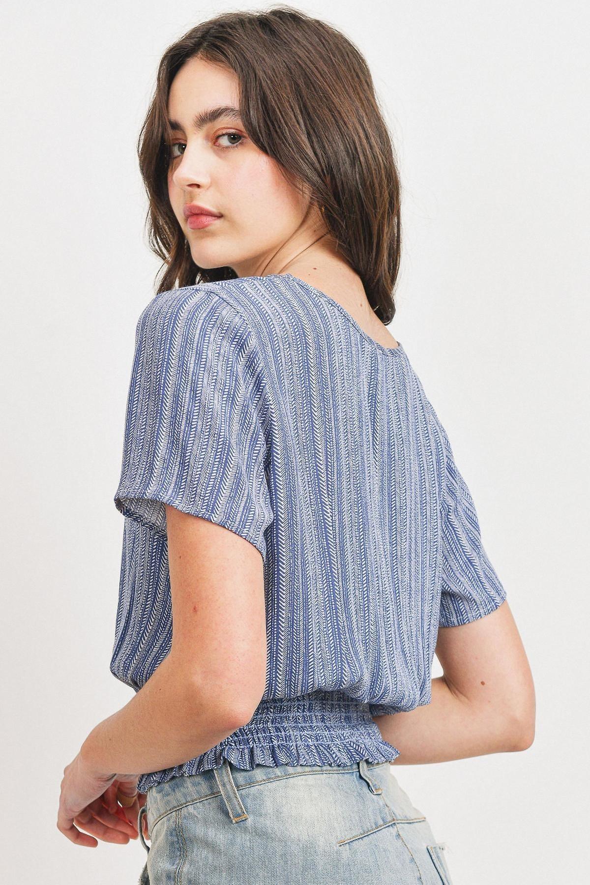 Woven Printed Crinkle Gauze Waist Smocking Short Sleeve Top | Mixtshop LLC