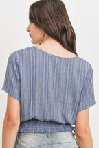 Woven Printed Crinkle Gauze Waist Smocking Short Sleeve Top | Mixtshop LLC