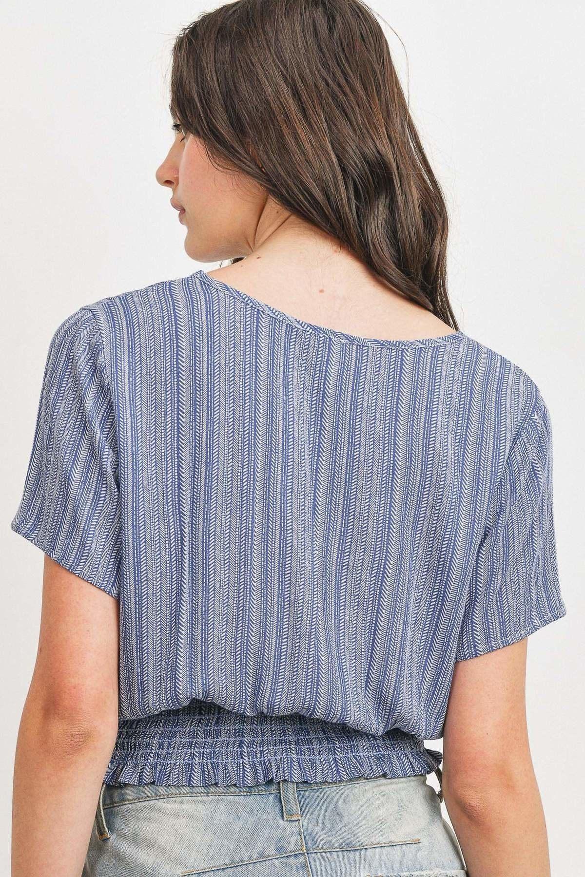 Woven Printed Crinkle Gauze Waist Smocking Short Sleeve Top | Mixtshop LLC