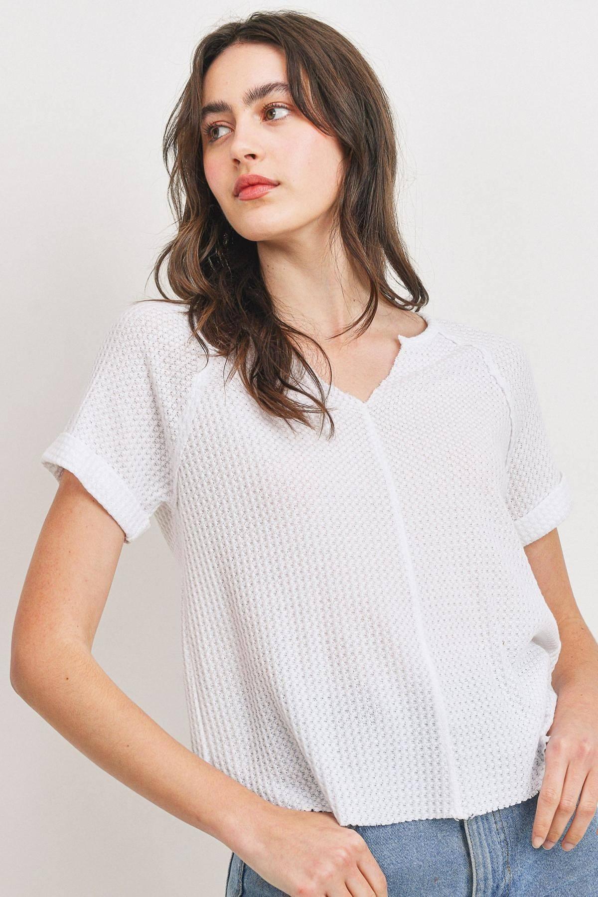 Waffle Raw Edge V-neck Rolled Up Short Sleeves Top | Mixtshop LLC