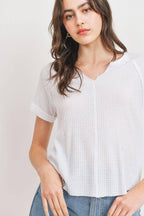 Waffle Raw Edge V-neck Rolled Up Short Sleeves Top | Mixtshop LLC
